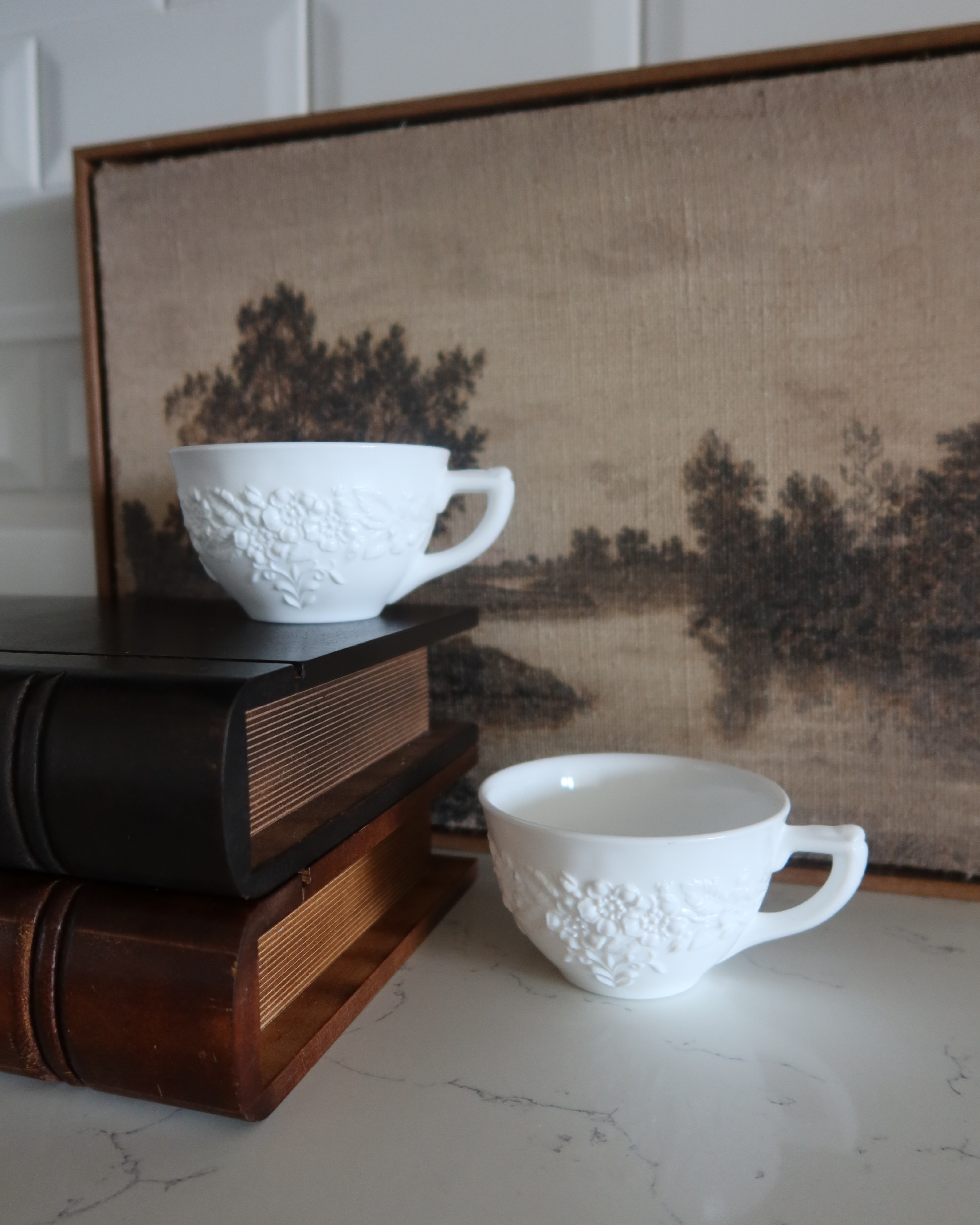 Marie Milk Glass Tea Cups, Set of 2