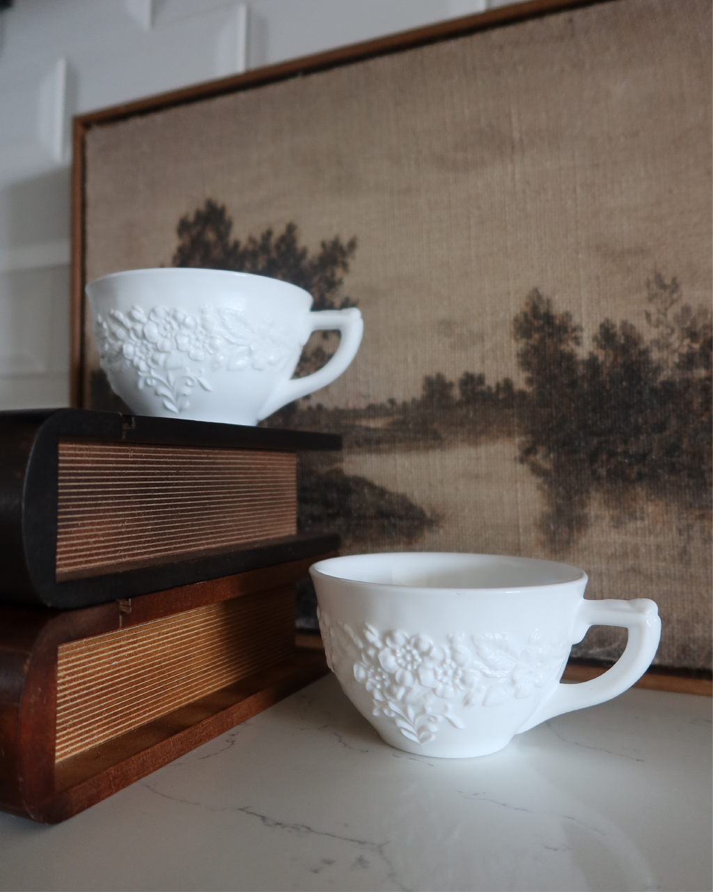 Marie Milk Glass Tea Cups, Set of 2